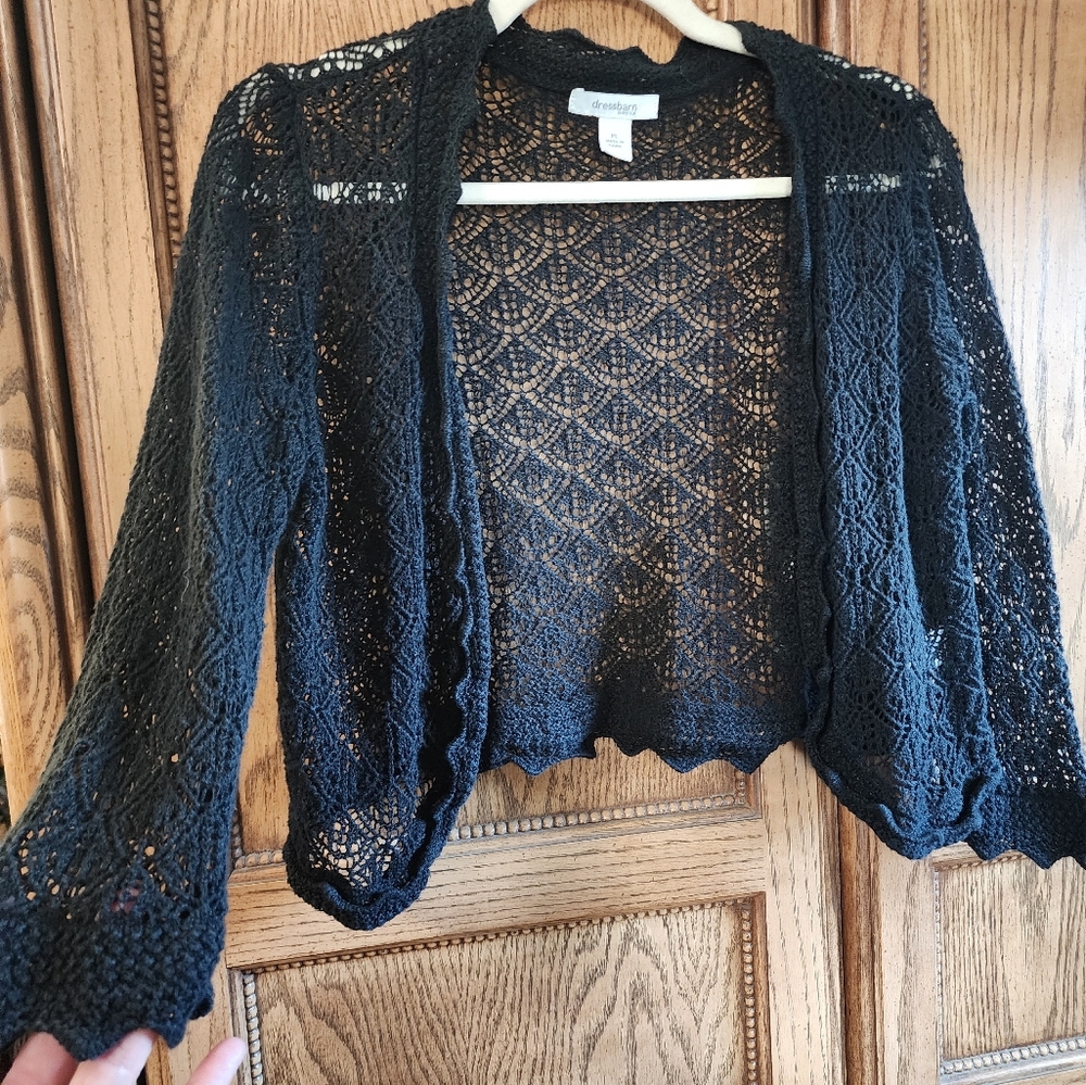 DressBarn Cropped Quarter Sleeve Crochet Cardigan